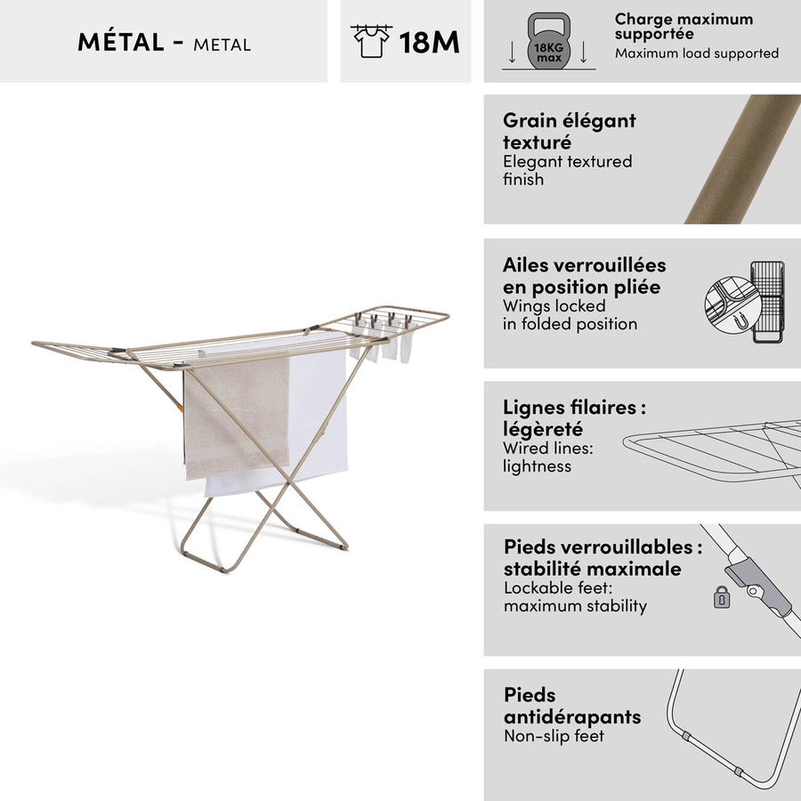 Étendoir à linge pont, 18 m d'étendage, beige Sahara