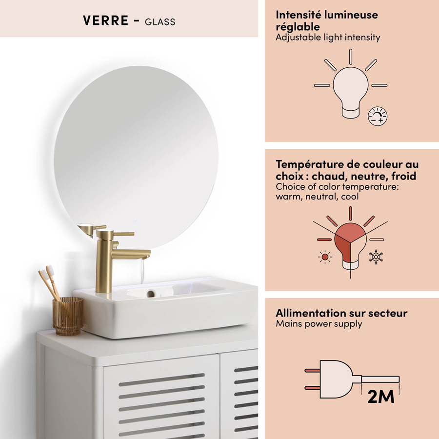 Miroir led, d.50 cm, argent Halo