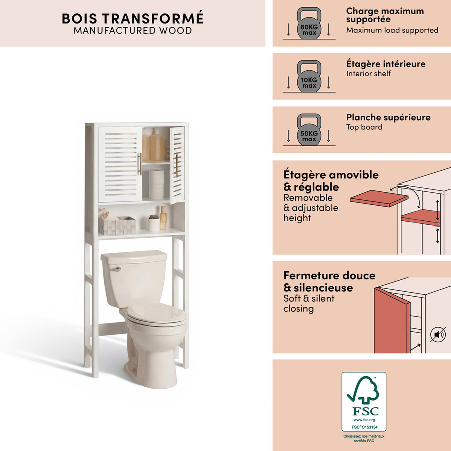 Meuble wc 2 portes 1 étagère, 67x25 cm, blanc Orea