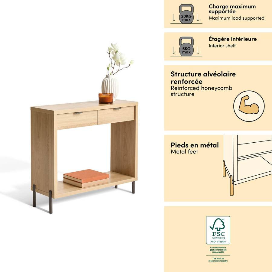 Console 2 tiroirs, 92,5x32 cm, beige Alvo