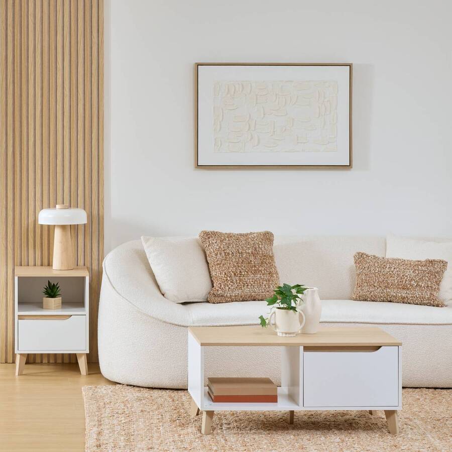 Table basse 1 porte, 90x48 cm, blanc Luma