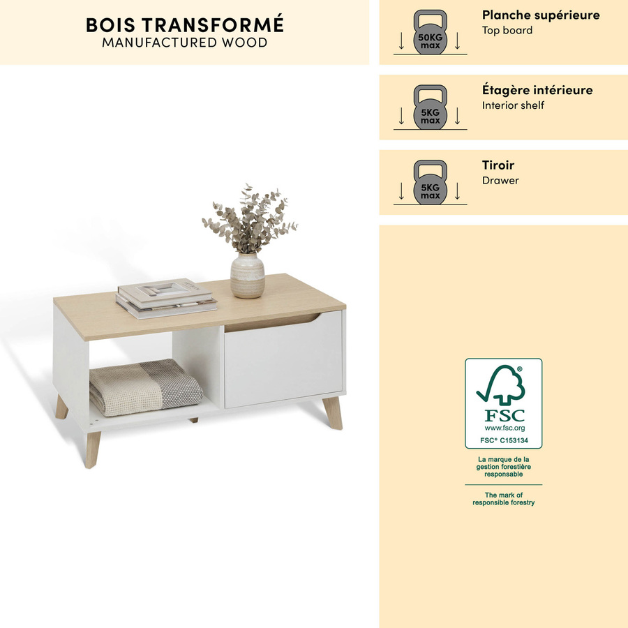 Table basse 1 porte, 90x48 cm, blanc Luma
