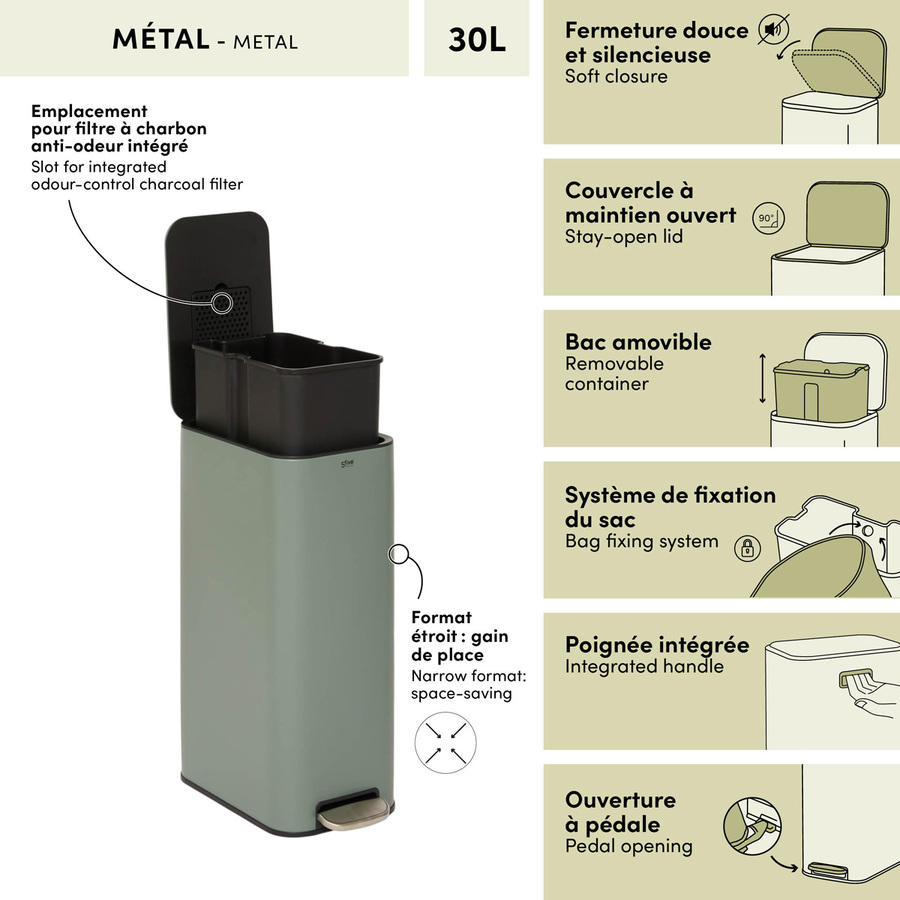 Poubelle manuelle slim, 30l, vert Delta