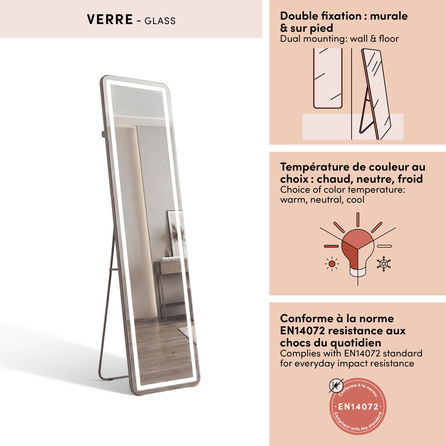 Miroir led, 40x150 cm, argent