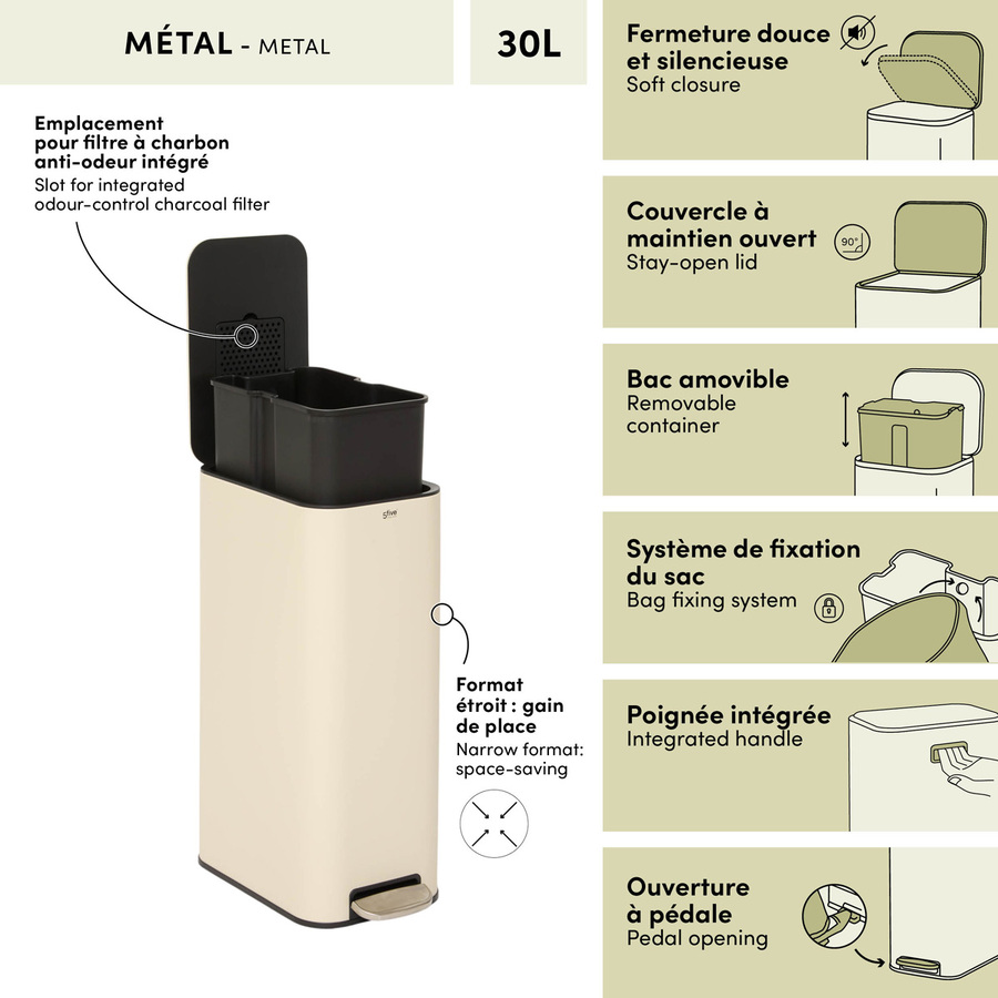 Poubelle manuelle slim, 30l, argile Delta