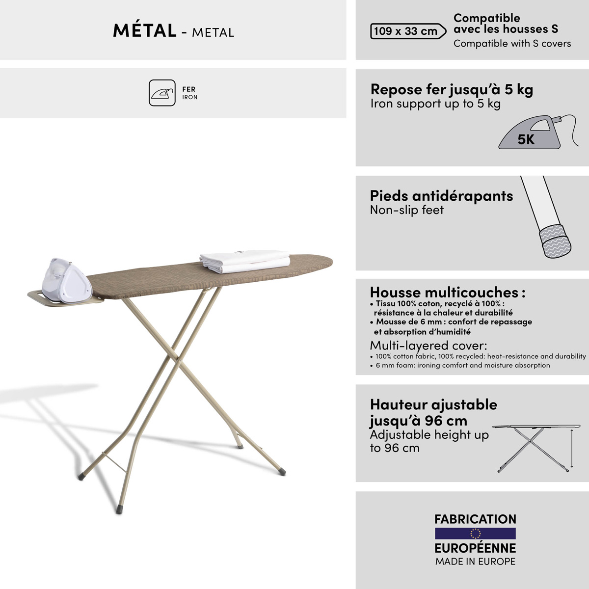 Table à repasser, l.128 cm, beige