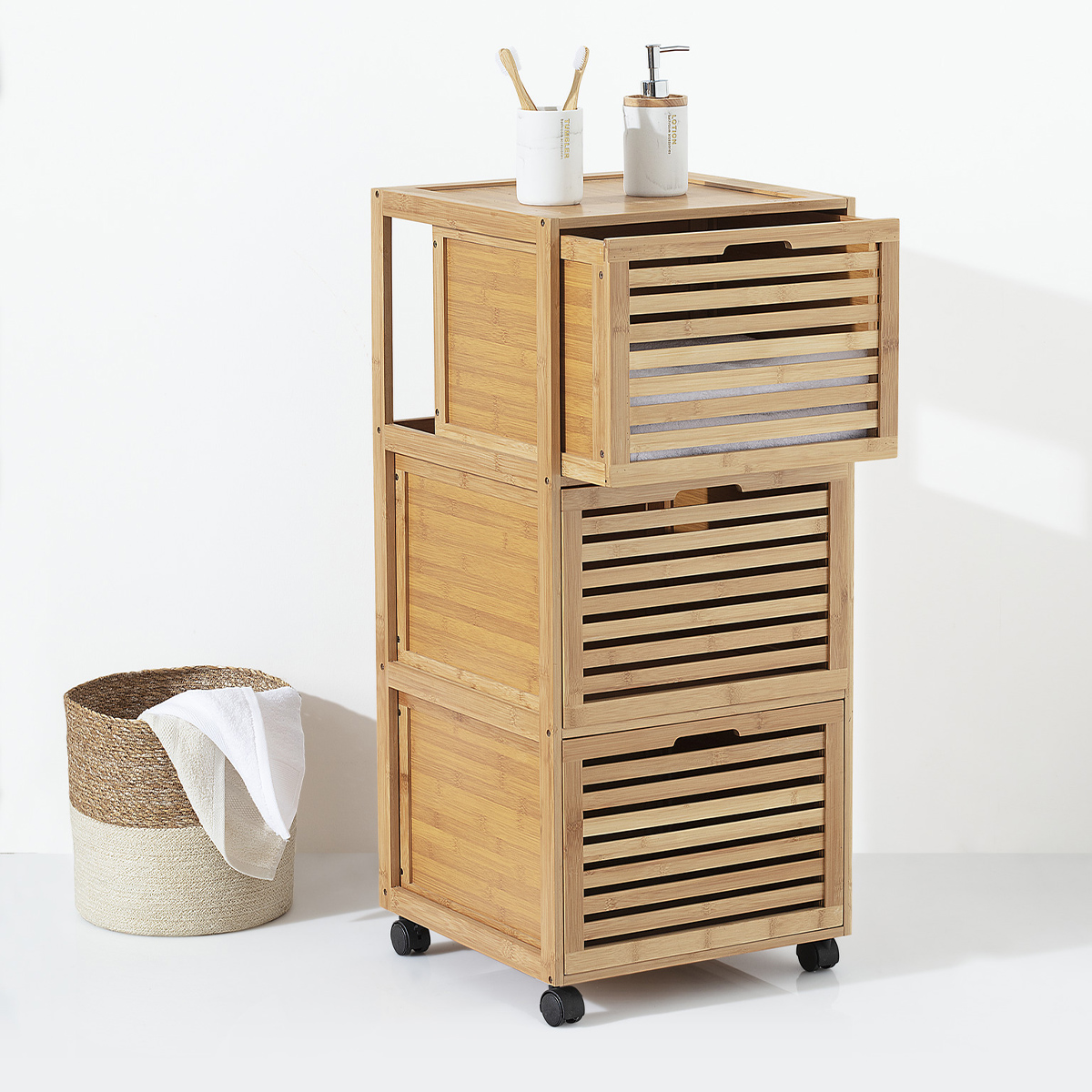 Meuble colonne 3 tiroirs, bambou